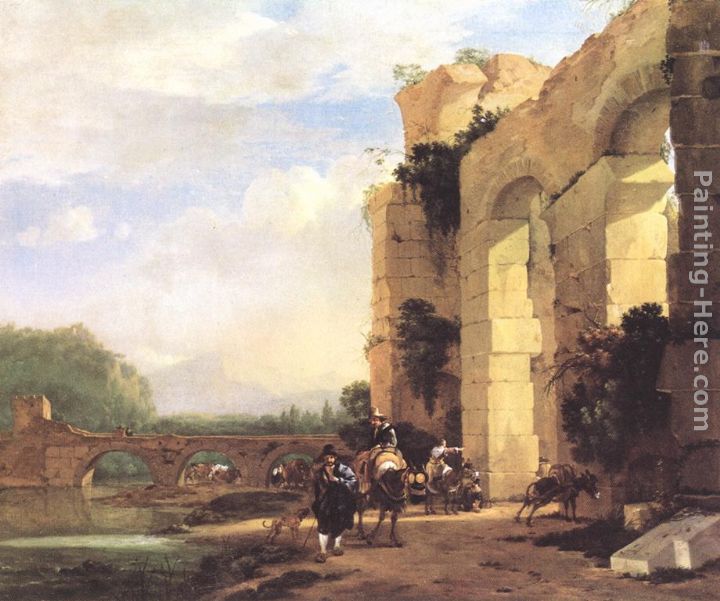 Italian Landscape with the Ruins of a Roman Bridge and Aqueduct painting - Jan Asselyn Italian Landscape with the Ruins of a Roman Bridge and Aqueduct art painting